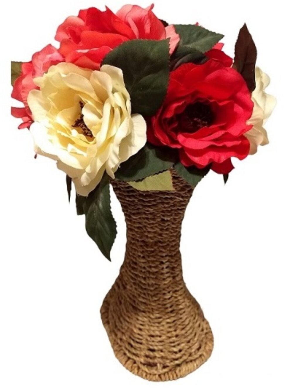 Beautiful Faux Roses or Peonies in Metal Wicker Vase